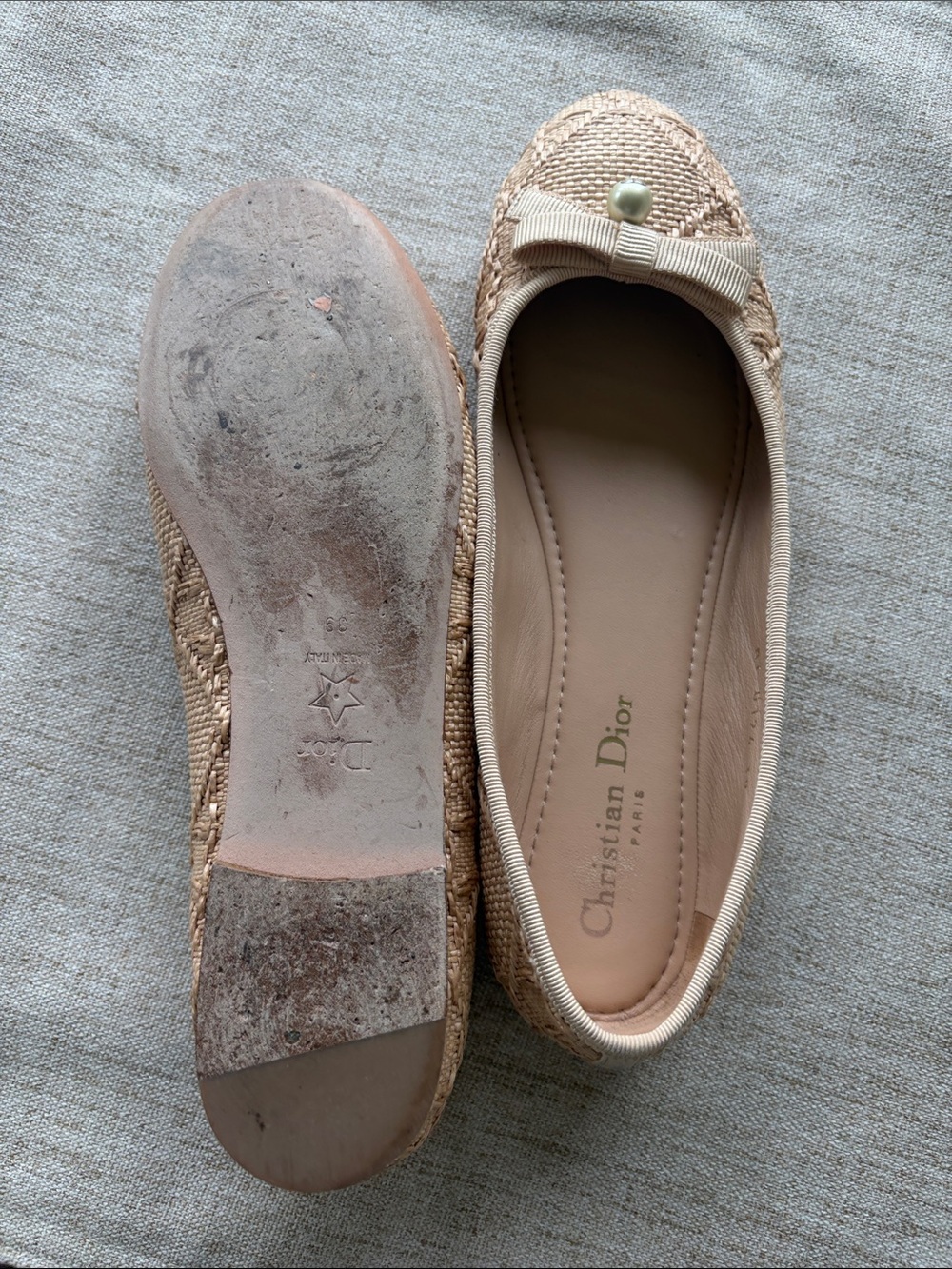 Dior Nude Raffia Bow Pearl-Accent Ballet Flats - Picture 6 of 7